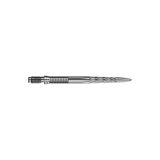 Puntas de dardo Mission R2.5 Rapid Point DSX - Plateadas Abgebildet sind silberne Dartspitzen Mission R25 Rapid Point DSX mit einer Länge von 30mm. Die Spitzen werden aus zwei verschiedenen Blickwinkeln präsentiert.