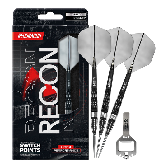 Dardos de acero Red Dragon Recon Torpedo Switch Point Abgebildet sind die Red Dragon Recon Torpedo Steeldarts mit 23g Gewicht. Diese Steeldarts zeichnen sich durch ihre spezielle Form und hohe Präzision aus.