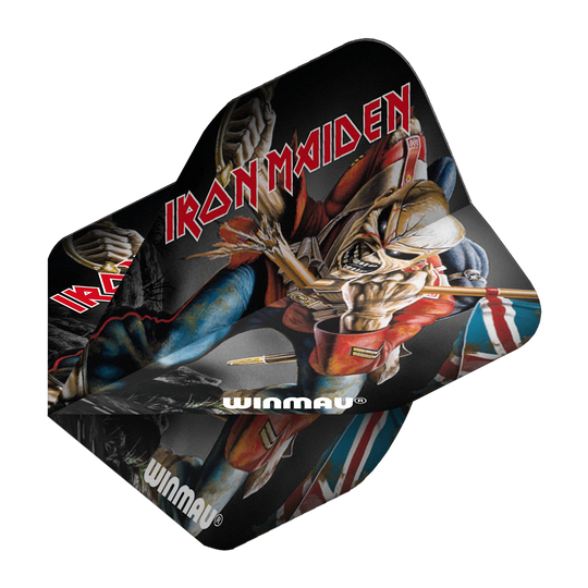 6905-224_Winmau_Rockstar_Legends_Iron_Maiden_Eddie_Standard_Flights_2 Das Bild zeigt ein Dartflight mit einem Motiv von Iron Maiden und ihrem Maskottchen Eddie. Auf dem Flight steht in roten Buchstaben "IRON MAIDEN" und unten ist das Winmau-Logo zu sehen.