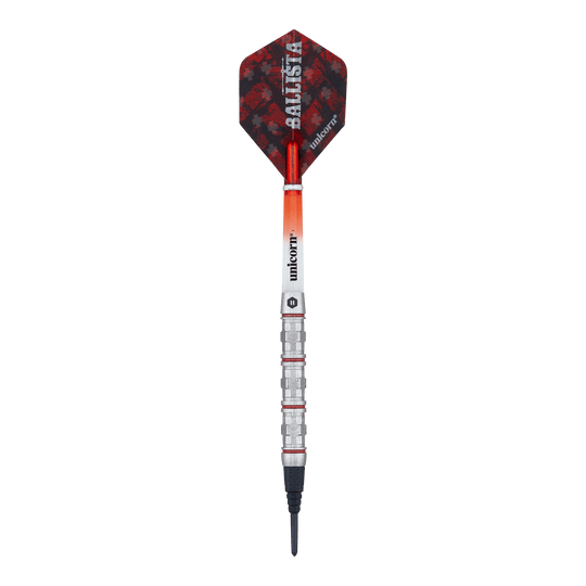 Dardos suaves estilo Ballista Unicorn 4 Das Bild zeigt einen Softdart der Marke Unicorn, Modell Ballista Style 4. Der Dart hat rote und schwarze Flights sowie einen silbernen, gerillten Barrel.