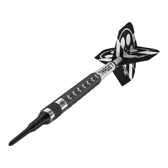 Dardos blandos Target Chris Dobey Hollywood Action - 20 g Das Bild zeigt einen schwarzen Softdart mit silbernen Akzenten und der Aufschrift "TARGET". Am hinteren Ende befindet sich ein schwarz-weißes Flight-Design.