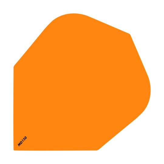 Das Bild zeigt ein einfaches, orangefarbenes Dart Flight mit der Aufschrift "MD150" in der Ecke. Es handelt sich um das Produkt "McDart MD150 Standard Flights".