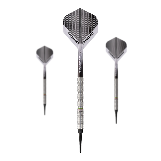 Trinidad Jose De Sousa Type 3 Softdarts - 18g Das Bild zeigt drei Softdarts des Modells "Trinidad Jose De Sousa Type 3" mit einem Gewicht von 18g. Die Darts haben ein silbernes, geriffeltes Barrel und Flights mit Wabenmuster.