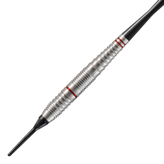 Dardos suaves Harrows Rage Das Bild zeigt einen silbernen Softdart namens "Harrows Rage Softdarts". Der Dart hat rote Ringe und eine schwarze Kunststoffspitze.