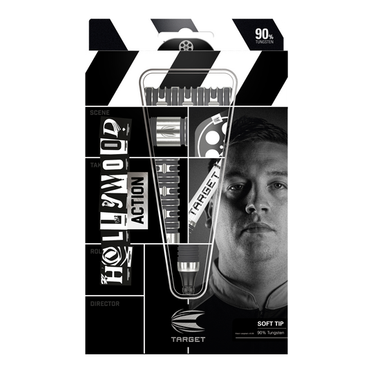 Dardos blandos Target Chris Dobey Hollywood Action - 20 g Die Abbildung zeigt das Produkt "Target Chris Dobey Hollywood Action Softdarts - 20g" in seiner Verpackung. Auf der Verpackung sind die Darts sowie das Gesicht eines Mannes und der Markenname deutlich zu sehen.