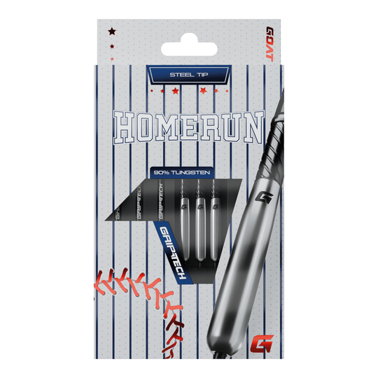Dardos de béisbol de acero de tungsteno GOAT Homerun Das Bild zeigt die Verpackung der "GOAT Homerun Baseball Tungsten Steeldarts" mit Stahlspitze. Auf der Vorderseite sind drei Darts sowie baseballtypische Designelemente abgebildet.