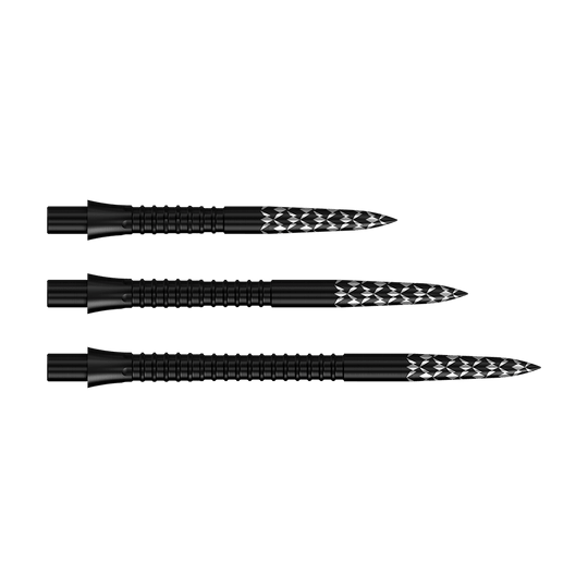 Das Bild zeigt die Mission Caliburn EVO Dartspitzen GV-Logo in Schwarz. Sie sind mit einem speziellen Logo-Design versehen.