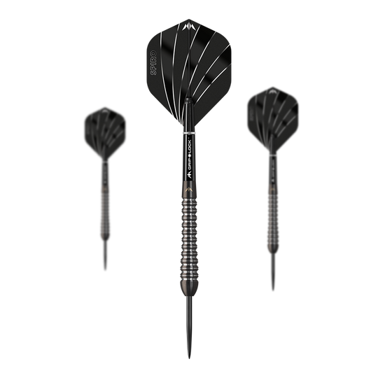 Dardos de acero Mission Spiro Modelo 2 - 22 g Das Bild zeigt drei Steeldarts des Modells "Mission Spiro Model 2" mit einem Gewicht von 22g. Die Darts sind schwarz mit silbernen Akzenten und haben auffällige Flights mit weißen Linien.