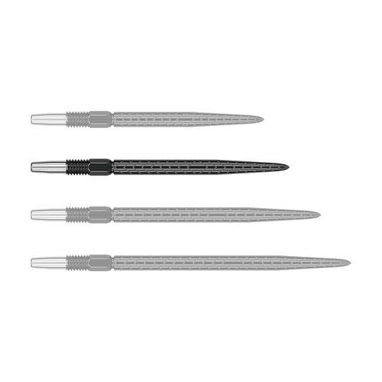 Puntas de dardos Target Swiss Point RVE - Negras Das Bild zeigt vier schwarze Dartspitzen mit silbernem Gewinde. Sie liegen parallel nebeneinander auf einem grünen Hintergrund.