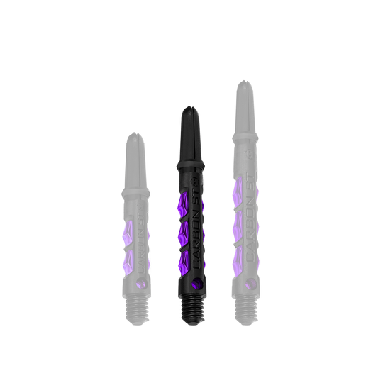 HR426_Harrows_Carbon_ST_Shafts_Lila_40mm_1 Das Bild zeigt drei schwarze Dartschäfte mit lila Akzenten. Auf den Schäften steht „CARBON ST“.