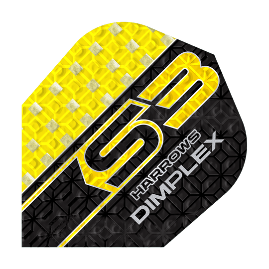 Das Bild zeigt das Produkt "Harrows Dimplex S3 Flights - Gelb". Das Flight ist gelb und schwarz mit silbernen Details und einem strukturierten Muster gestaltet.
