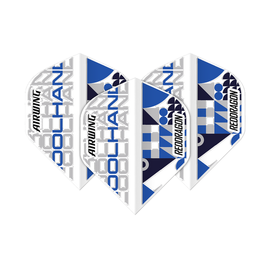 Vuelos estándar de Luke Humphries White de Red Dragon Airwing Das Bild zeigt drei Dart-Flights des Produkts "Red Dragon Airwing Luke Humphries White Standard Flights". Die Flights sind überwiegend weiß mit blauen und grauen grafischen Elementen sowie der Aufschrift "COOL HAND", "AIRWING" und "RED DRAGON".