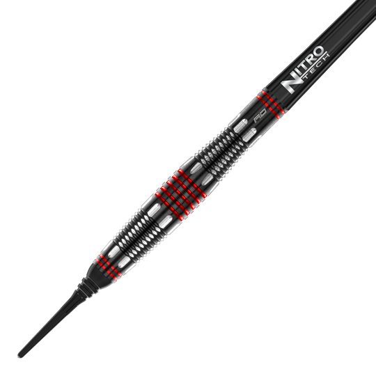 Dardos blandos Red Dragon Marlin Venom - 22 g Das Bild zeigt den Red Dragon Marlin Venom Softdart mit einem Gewicht von 22 Gramm. Der Dart hat ein schwarzes und silbernes Design mit auffälligen roten Ringen und einer „Nitro Tech“-Beschriftung.