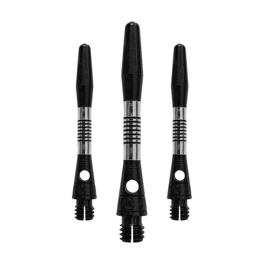 Ejes de aluminio Bulls NL Cetra - Negro Das Bild zeigt ein Set von schwarzen Aluminium-Dartschäften. Alle Schäfte haben eine Länge von 34mm.