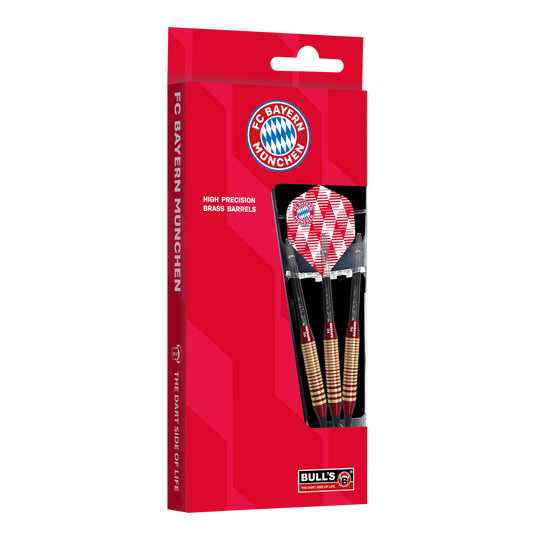 Abgebildet sind die Bulls FC Bayern München Brass Softdarts mit 18g Gewicht. Sie eignen sich für Softdart-Spiele und tragen das Vereinsdesign.
