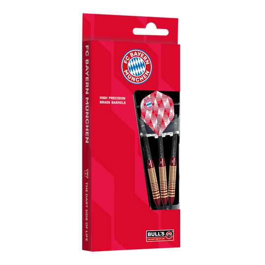 Dardos blandos de latón Bulls FC Bayern Munich - 18 g Abgebildet sind die Bulls FC Bayern München Brass Softdarts mit 18g Gewicht. Sie eignen sich für Softdart-Spiele und tragen das Vereinsdesign.