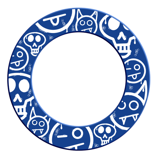 Auf diesem Bild sieht man ein weiteres Dartboard-Surround mit blauen Graffiti-Smilies. Die Datei heißt 'MSF-A3_McDart_Graffiti_Smilies_Dartboard_Surround_Blau_2'.