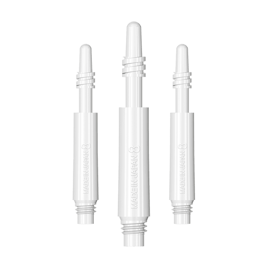 400315_8Flight_Regular_Spin_Shafts_White_19mm_1 Das Bild zeigt drei weiße 8 Flight Regular Spin Shafts. Die Schäfte sind schlank und haben eine glatte Oberfläche mit der Aufschrift "MADE IN JAPAN".