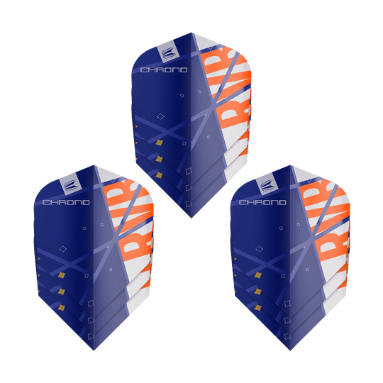 Target Pro Ultra Raymond Van Barneveld Chrono Ten-X Standard Flights - 3 juegos Das Bild zeigt drei Sätze Target Pro Ultra Raymond Van Barneveld Chrono Ten-X Standard Flights. Die Flights sind überwiegend blau mit weißen und orangefarbenen Akzenten gestaltet.