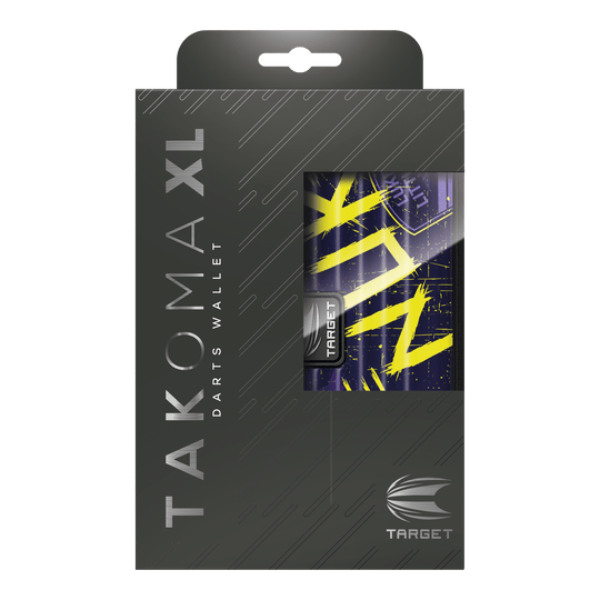 Estuche para dardos Target Takoma Luke Littler XL Das Bild zeigt die Verpackung des Target Takoma XL Dartcases, das speziell für Luke Littler designt wurde. Die Verpackung ist überwiegend schwarz mit gelben und violetten Akzenten auf dem Dartcase selbst.