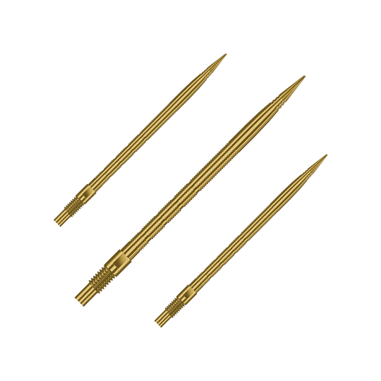 Puntas de dardos Harrows Quick Point Micro Ridge - Doradas Gezeigt wird ein Set von Harrows Quick Point MicroRidge Dartspitzen in Gold, 40mm. Verschiedene Spitzen sind nebeneinander angeordnet.