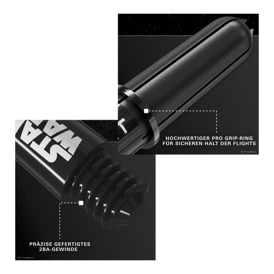 Varillas Target Star Wars ProGrip - Negras Target Star Wars ProGrip Shafts in Schwarz sind auf dem Bild zu sehen. Diese Schäfte richten sich an Dart- und Star Wars Liebhaber.