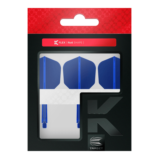 Sistema de vuelo Target K-Flex No6 - Azul Das Bild zeigt eine Verpackung mit drei blauen Dart-Flights und Shafts. Oben auf der Verpackung steht "K FLEX | No6 SHAPE" und unten ist das Target-Logo zu sehen.