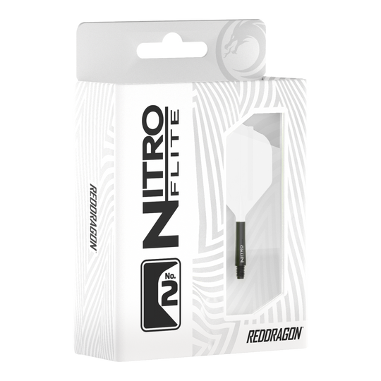 Red Dragon Nitroflite Eje negro Vuelos blancos No. 2 Abgebildet ist Red Dragon Nitroflite Black Shaft White Flights No2. Zu sehen sind schwarze Dart-Schäfte mit weißen Flights.