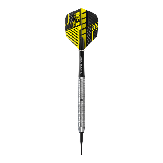 Dardos blandos paralelos Harrows NX90 Das Bild zeigt einen Harrows NX90 Parallel Softdart mit silbernem Schaft und schwarzem Flight. Der Flight hat ein modernes gelb-schwarzes Design.