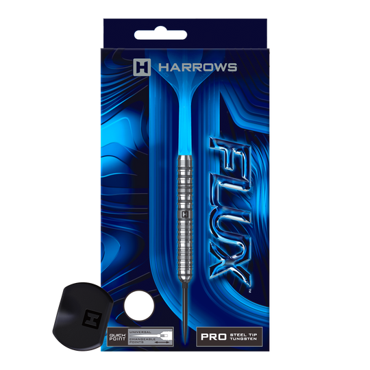Harrows Flux Quick Point Steeldarts Ein Steeldart aus der Flux Parallel QuickPoint Serie wird gezeigt. Er ist metallisch und filigran.