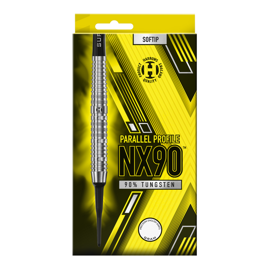 Dardos blandos paralelos Harrows NX90 Die Abbildung zeigt die Verpackung der Harrows NX90 Parallel Softdarts. Auf der gelb-schwarzen Packung steht, dass die Darts aus 90 % Tungsten bestehen.