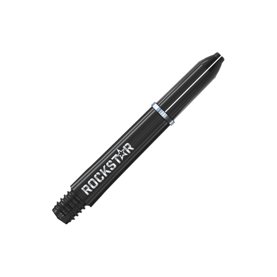 Varillas de nailon Winmau Joe Cullen Rockstar negras Auf dem Bild ist ein schwarzer Dart-Schaft mit der Aufschrift "ROCKSTAR" zu sehen. Der Schaft hat einen silbernen Ring in der Mitte.