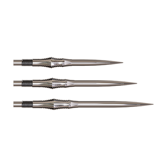Dartspitzen der Spire Silver Elite Serie sind abgebildet. Sie sind silberfarben mit einer schlanken Form.