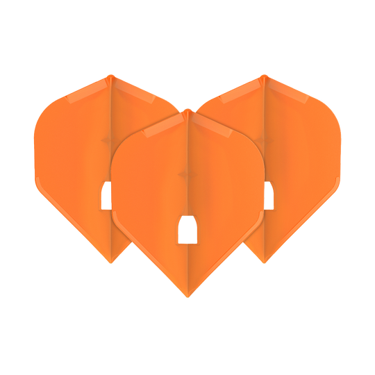 Plumas Estilo L Champán - Estándar L1PRO Das Bild zeigt drei orangefarbene Dart-Flights in Standardform. Sie sind ordentlich nebeneinander angeordnet und haben eine glänzende Oberfläche.
