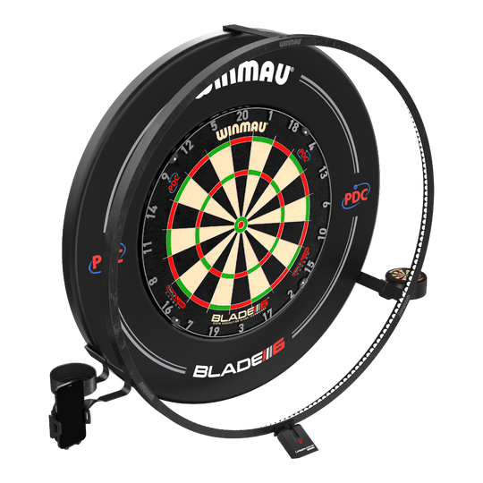 Juego de accesorios de plasma Winmau Das Bild zeigt das "Winmau Plasma Zubehör Set" für Dartscheiben. Es besteht aus einem beleuchteten LED-Ring und weiterem Zubehör rund um die Dartscheibe.