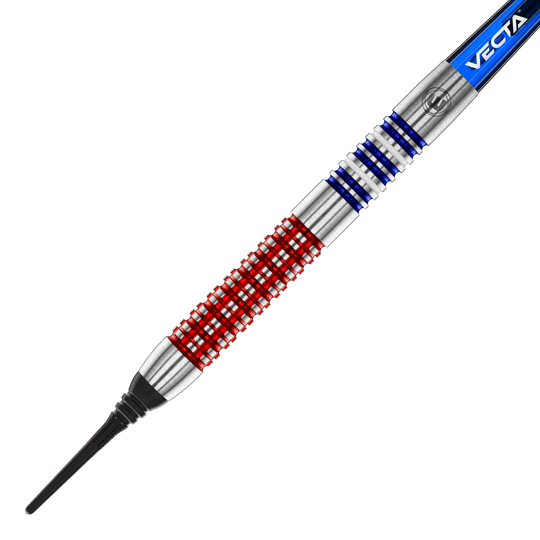 Dardos blandos Winmau Garrett Rakowski - 20g Auf dem Bild ist ein Softdart des Modells "Winmau Garrett Rakowski Softdarts - 20g" zu sehen. Der Dart hat ein auffälliges Design mit roten und blauen Ringen auf dem silbernen Barrel.