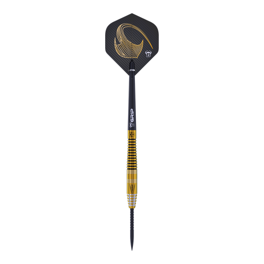 Dardos de acero Bulls Stingray ST3 Dies ist ein Steeldart aus der Bulls Stingray ST3 Serie. Der Dart hat ein schwarzes und goldenes Design mit feinen Rillen am Barrel.