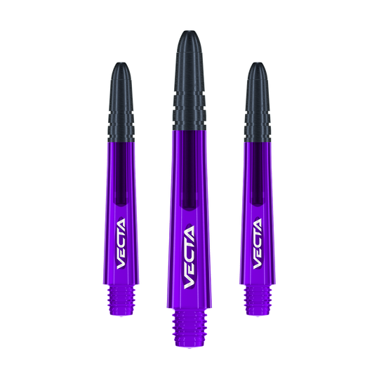Flechas Winmau Vecta - Morado Negro Das Bild zeigt drei violett-schwarze Dartschäfte mit der Aufschrift "VECTA". Sie sind gleich lang und nebeneinander angeordnet.