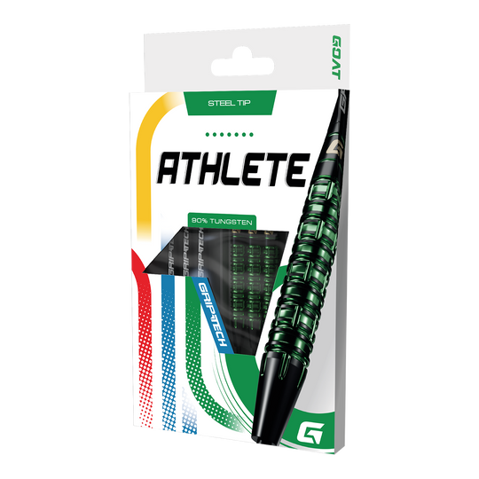 Dardos de acero de tungsteno verde GOAT Athlete Dieses Bild stellt die GOAT Athlete Green Tungsten Steeldarts dar. Die Darts heben sich durch ihr grünes Design hervor.