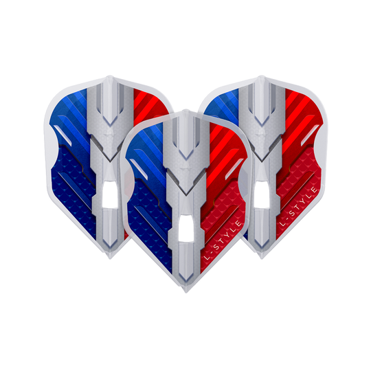 Vuelos L-Style V-Series V1 Tipo B Francia Blanco transparente L3PRO Das Bild zeigt drei Dart-Flights mit einem modernen Design in den Farben Blau, Weiß und Rot. Auf den Flights steht der Schriftzug "L-Style".