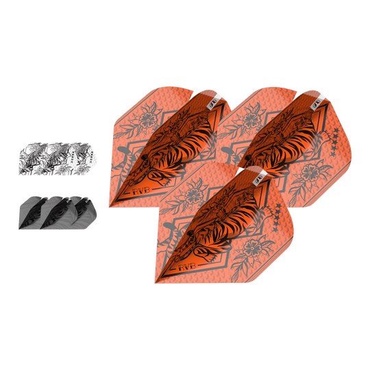 Paquete de tinta Target, 3 juegos, plumas estándar Raymond Van Barneveld No2 Das Bild zeigt drei Sätze Dartflights in verschiedenen Farben und Designs, darunter auffällige orangefarbene Flights mit Tiger-Motiv. Es handelt sich um das Produkt "Target Ink Bundle 3 Sets Raymond Van Barneveld No2 Standard Flights."