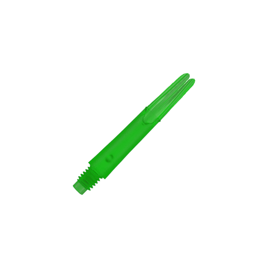 Ejes en L estilo L bloqueados rectos - Verde Das Bild zeigt einen geraden, grünen Dart-Schaft ohne Kappen. Er ist aus Kunststoff gefertigt und hat ein Schraubgewinde am unteren Ende.