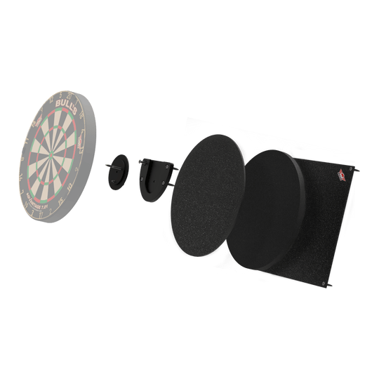 Silenciador de diana Bulls NL Das Bild zeigt das Produkt "Bulls NL Dartboard Silencer" in einer Explosionszeichnung. Die verschiedenen Teile sind einzeln dargestellt, darunter das Dartboard und mehrere schallabsorbierende Schichten.