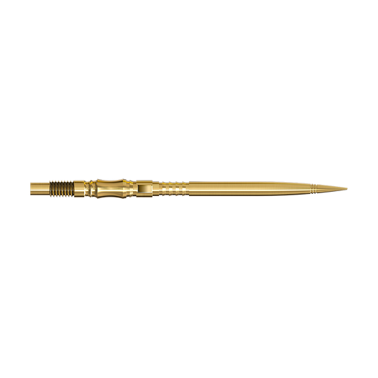 Puntas de dardo Harrows Quick Point Axis Elite Series - Oro Zwei lange, goldene Dartspitzen werden seitlich gezeigt. Beide Spitzen liegen parallel auf einer hellen Fläche.