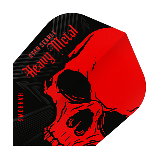 Vuelos de Heavy Metal No6 de Ryan Searle de Harrow Das Bild zeigt ein Dart-Flight mit einem auffälligen roten Totenkopf-Design. Oben steht der Name "Ryan Searle Heavy Metal" und an der Seite ist "Harrows" zu lesen.
