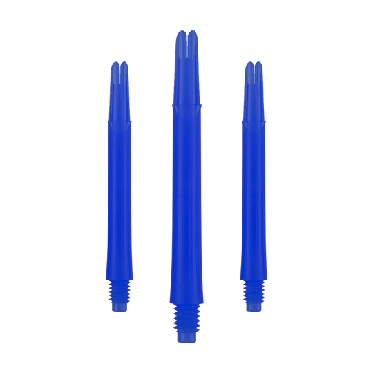 Ejes en L bloqueados rectos estilo L - Azul Auf dem Bild sind drei blaue, gerade Dartschäfte zu sehen. Sie stehen nebeneinander und haben unten ein Schraubgewinde.