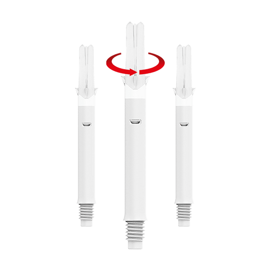 Das Bild zeigt drei weiße Dartshafts mit einem geraden Design. Über dem mittleren Shaft ist ein roter Pfeil zu sehen, der eine Drehbewegung anzeigt.