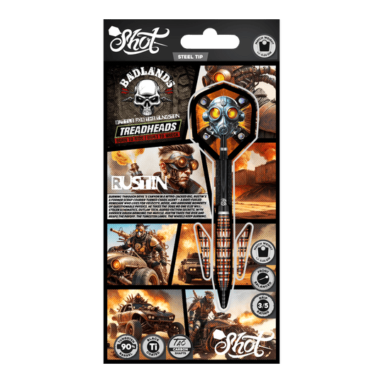 Dardos Shot Badlands Rustin de acero - 23 g Auf dem Foto ist Shot Badlands Rustin Steeldarts - 23g zu sehen. Das Produkt wird aus einer weiteren Ansicht dargestellt.