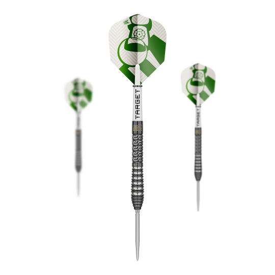 Dardos de acero Target Charlie Manby Swiss Points Abgebildet ist das Produkt Target Charlie Manby Swiss Points Steeldarts. Das Bild zeigt ein Set Steeldarts mit spezieller Spitze.