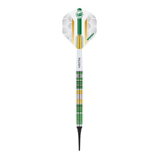 Dardos blandos Winmau Xenon - 20 g Dies ist ein Winmau Xenon Softdart mit einem Gewicht von 20 Gramm. Der Dart hat ein modernes Design mit grünen, weißen und goldenen Akzenten.
